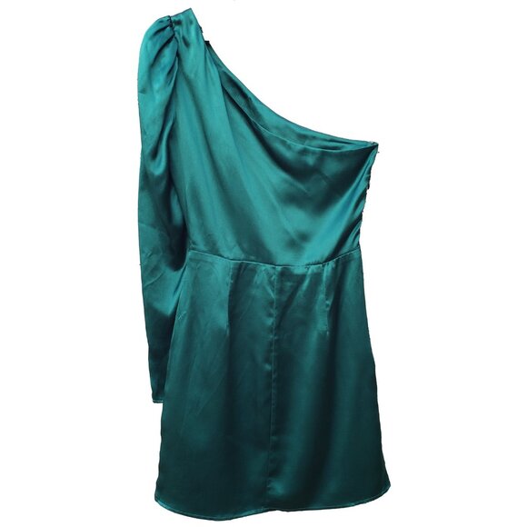 Reformation Hyperion Dress Emerald Silk One Shoulder Long Sleeve Mini 0 - Picture 6 of 8